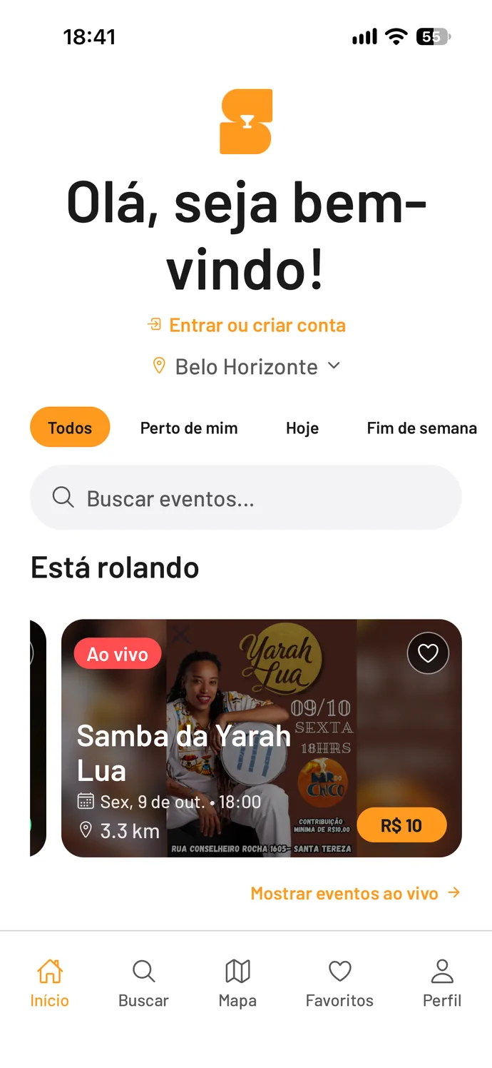 Tela inicial do Salute mostrando um samba ao vivo hoje, a 3,3 km, por R$ 10